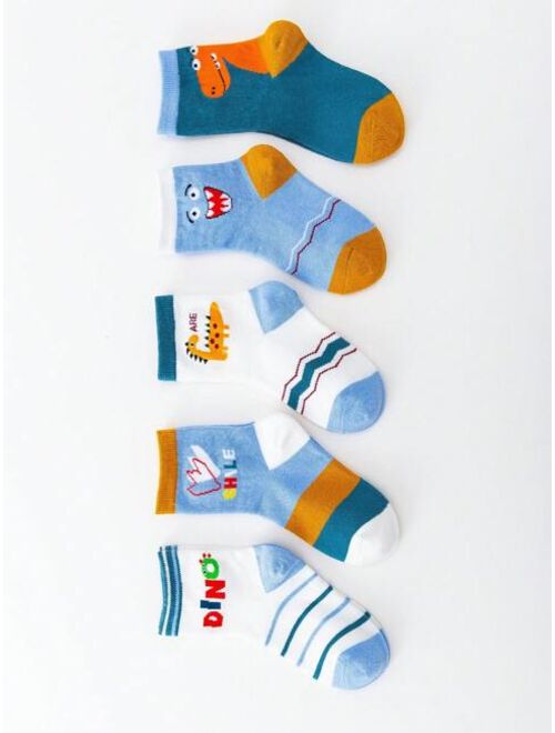 Shein 5pairs/Set Boys' Blue Dinosaur Design High Elasticity Moisture-Wicking Socks