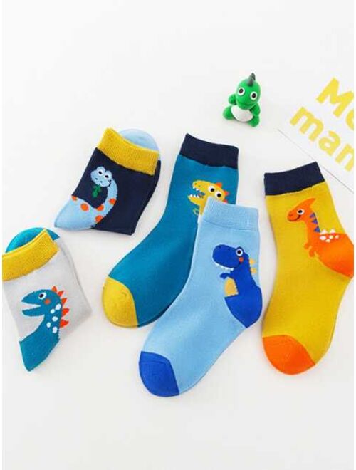 Shein 5pairs Little Dinosaur Design Anti-odor Mid-season Breathable Boys' Socks