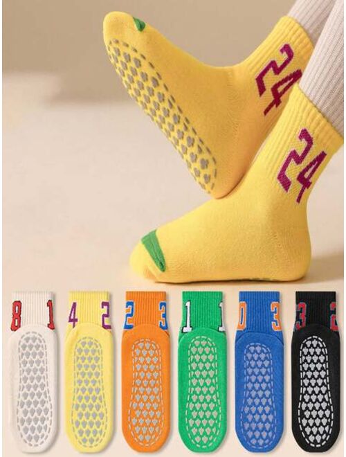 Shein 6pairs/pack Random Kids' Anti-slip Floor Socks/trampoline Socks With Solid Color & Digital Print