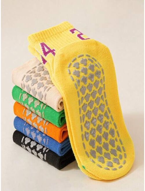 Shein 6pairs/pack Random Kids' Anti-slip Floor Socks/trampoline Socks With Solid Color & Digital Print