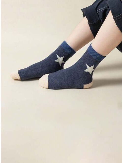 Shein 5pairs Children's Boys' Star Design Dark Colored Striped Socks For Autumn And Winter