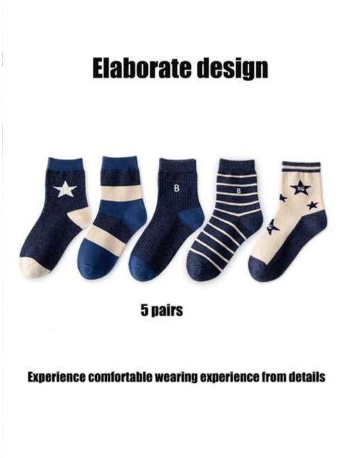 Shein 5pairs Children's Boys' Star Design Dark Colored Striped Socks For Autumn And Winter