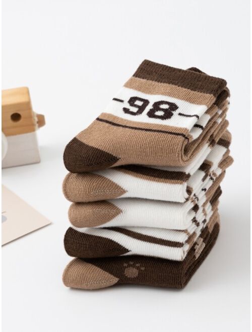 Shein 5pairs/set Boys' Cartoon Bear Animal Brown Color Themed Digit Printed & Playful Striped Mid-calf Socks, Soft & Comfortable, Suitable For Casual Wear, Sport Shoes & 