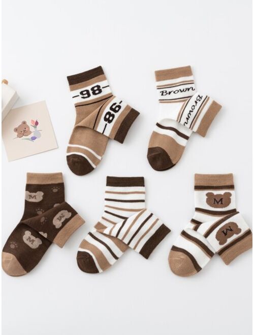 Shein 5pairs/set Boys' Cartoon Bear Animal Brown Color Themed Digit Printed & Playful Striped Mid-calf Socks, Soft & Comfortable, Suitable For Casual Wear, Sport Shoes & 