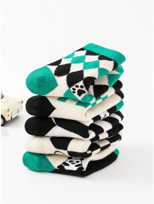 Shein 5 Pairs/Pack Boys' Elastic Cartoon Animal Pattern Diamond Check, Stripe, Green Patchwork, Color Block, Breathable, Sweat Wicking, Comfortable Mid-Calf Socks For Spr