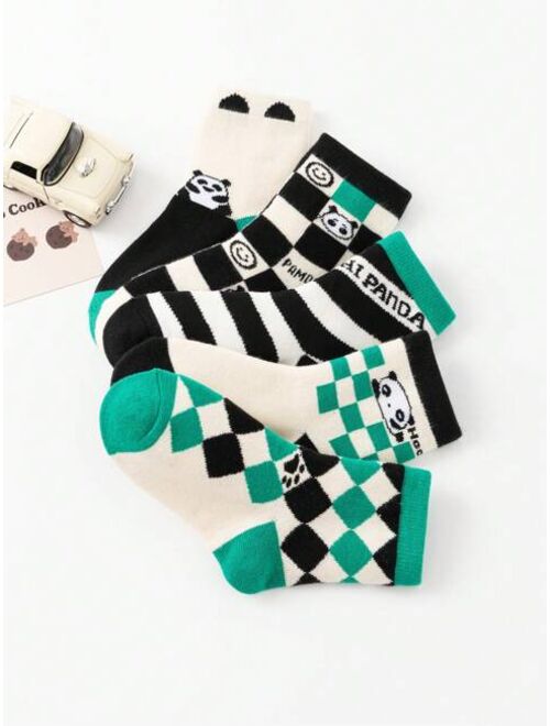 Shein 5 Pairs/Pack Boys' Elastic Cartoon Animal Pattern Diamond Check, Stripe, Green Patchwork, Color Block, Breathable, Sweat Wicking, Comfortable Mid-Calf Socks For Spr