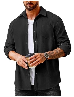 Men's Waffle Button Down Shirts Casual Long Sleeve Shacket Jacket with Pockets