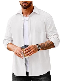 Men's Waffle Button Down Shirts Casual Long Sleeve Shacket Jacket with Pockets