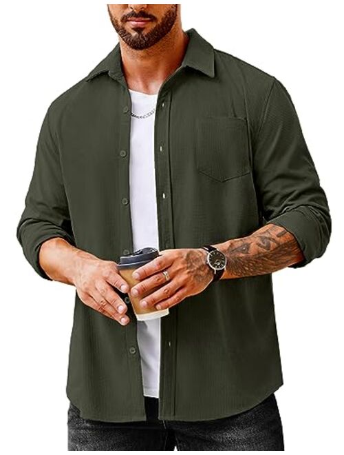 COOFANDY Men's Waffle Button Down Shirts Casual Long Sleeve Shacket Jacket with Pockets
