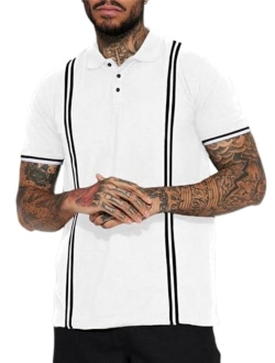 JMIERR Mens Polo Shirts Casual Stripe Classic Button Shirts Cotton Pique Short Sleeve Golf T Shirt