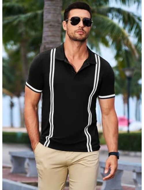 JMIERR Mens Polo Shirts Casual Stripe Classic Button Shirts Cotton Pique Short Sleeve Golf T Shirt