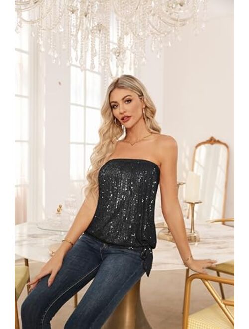 GRACE KARIN Sequin Tops for Women Sparkly Elastic Ruched Twist Knot Tie for Party