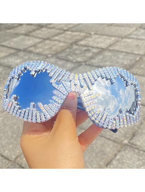 mincl Oversized One-Piece Rhinestone Sunglasses for Women Men Fashion Y2K Diamond Wrap Around Butterfly Sun Glasses Shades