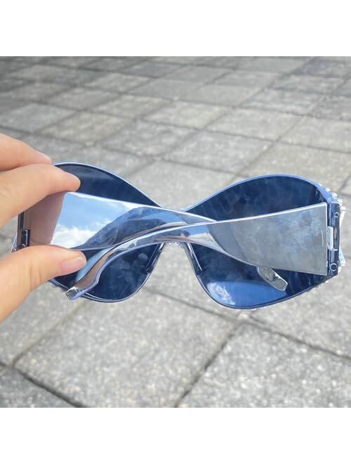 mincl Oversized One-Piece Rhinestone Sunglasses for Women Men Fashion Y2K Diamond Wrap Around Butterfly Sun Glasses Shades