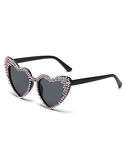 mincl Cute Women Heart Sunglasses Fashion Shiny Bling Diamond Sunglasses Polygonal Pink Rhinestone Sunglasses UV Protection