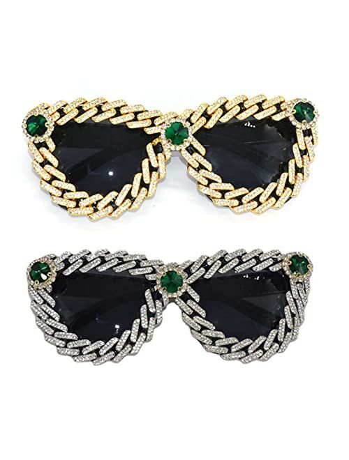 willochra Oversized Diamond Sunglasses Women Rhinestone Cat Eye Sunglasses Vintage Men bling party sunglasses Eyewear
