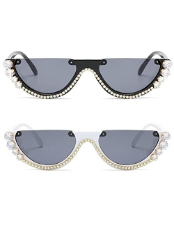 mincl Colorful Diamond Fashion Half Moon Frame Sunglasses for Women Cat Eye Bling Rhinestone Sun Glasses Ladies Party Eyewear
