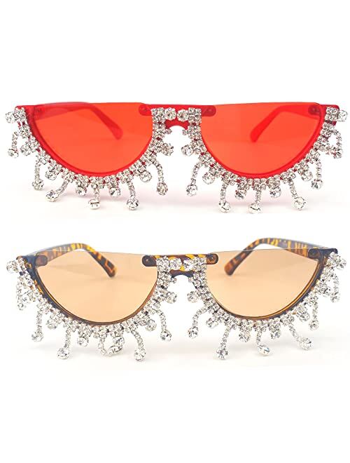 mincl Colorful Diamond Fashion Half Moon Frame Sunglasses for Women Cat Eye Bling Rhinestone Sun Glasses Ladies Party Eyewear
