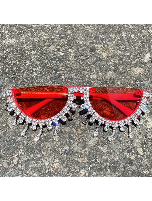 mincl Colorful Diamond Fashion Half Moon Frame Sunglasses for Women Cat Eye Bling Rhinestone Sun Glasses Ladies Party Eyewear