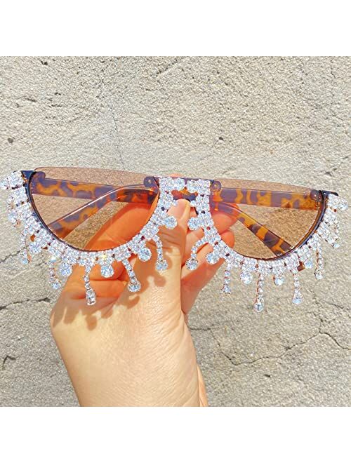 mincl Colorful Diamond Fashion Half Moon Frame Sunglasses for Women Cat Eye Bling Rhinestone Sun Glasses Ladies Party Eyewear