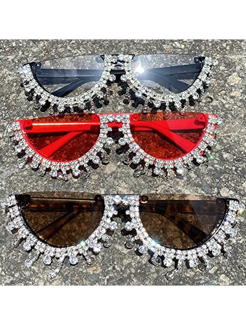 mincl Colorful Diamond Fashion Half Moon Frame Sunglasses for Women Cat Eye Bling Rhinestone Sun Glasses Ladies Party Eyewear