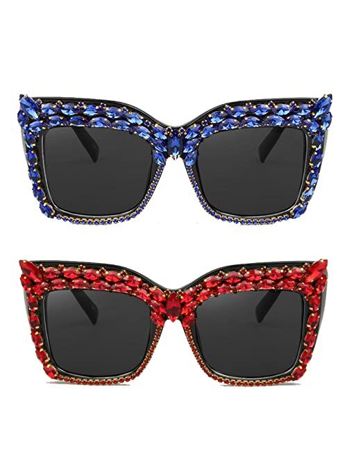 willochra Oversized Diamond Sunglasses Women Rhinestone Cat Eye Sunglasses Vintage bling party sunglasses Eyewear