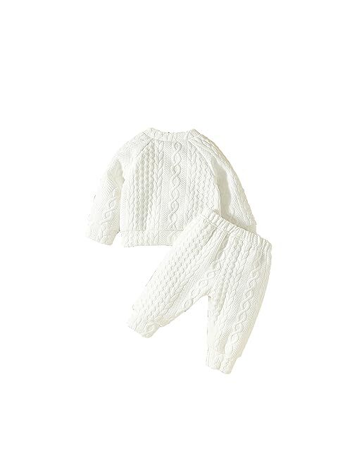 VISGOGO Baby 2Pcs Fall Outfits Long Sleeve Cable Knit Pullover Tops Pants Set Newborn Warm Clothes
