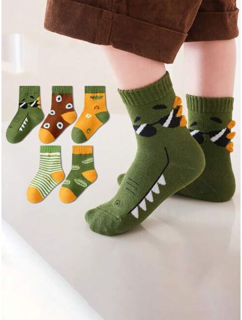 Shein 5pairs Children's Crocodile Pattern Mid-calf Socks, Comfortable And Skin-friendly, Suitable For Boys And Girls (ages 3-12), Autumn And Winter