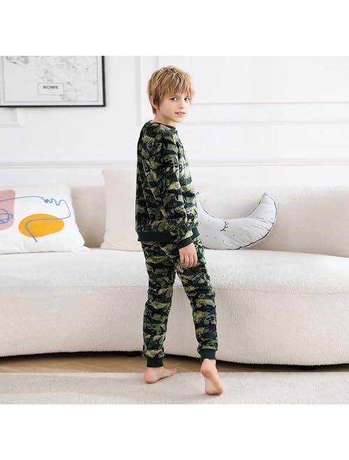 V.&GRIN Boys Girls Fleece Pajamas, Soft Cozy Pullover Sweatshirt Pants Set for Kids 7-16 Years
