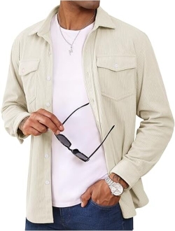 Men's Corduroy Jackets Long Sleeve Casual Ribbed Shacket Button-Up Lightweight Jacket with Chest Flap Pocket