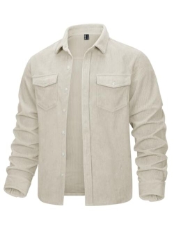 KEFITEVD Men's Corduroy Shirts Long Sleeve Casual Shacket Button Down Lightweight Jacket with Flap Pocket