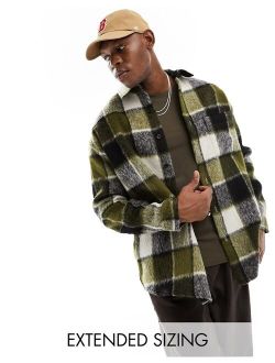90s oversized textured wool mix check shacket in khaki