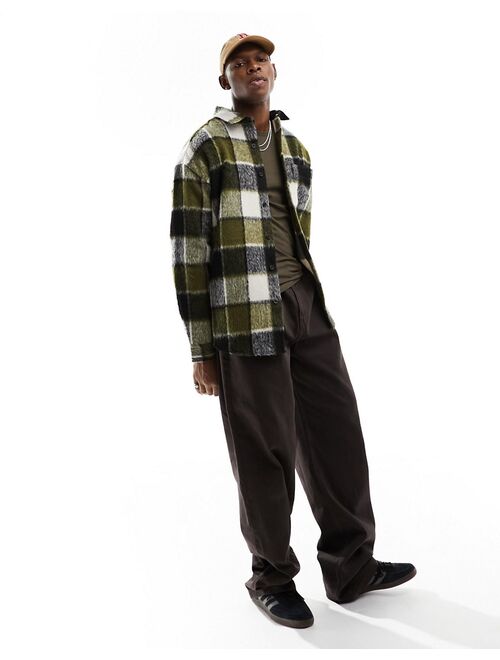 ASOS DESIGN 90s oversized textured wool mix check shacket in khaki