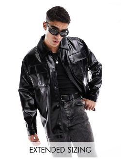 oversized faux leather shacket in black