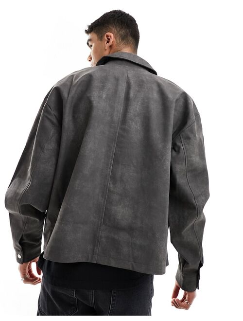 ASOS DESIGN oversized faux leather shacket in washed black