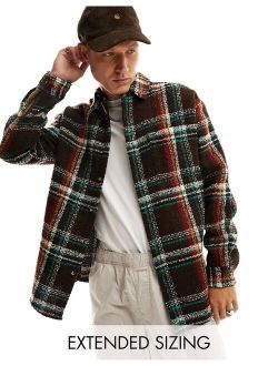 90s oversized textured boucle wool mix check shacket in brown