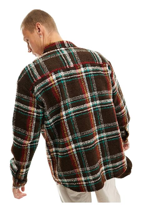 ASOS DESIGN 90s oversized textured boucle wool mix check shacket in brown