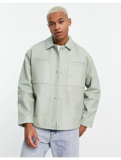 oversized real leather shacket in sage green