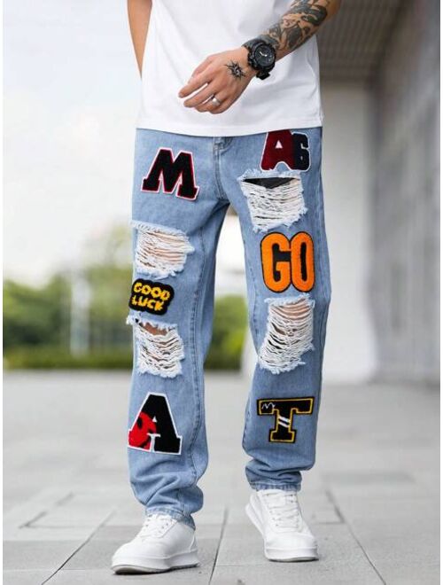 Shein Manfinity Men Letter Patched Ripped Frayed Patched Jeans