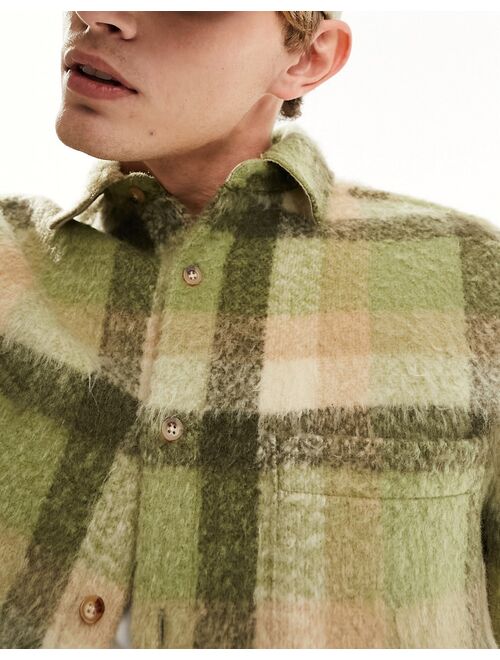 ASOS DESIGN plaid overshirt in wool mix in green