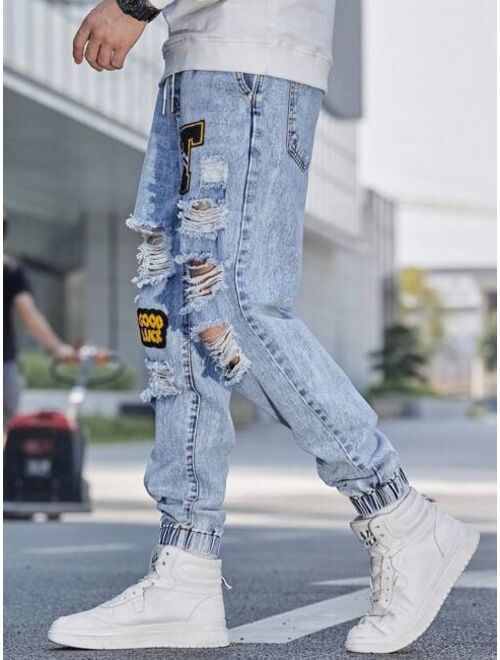 Shein Manfinity Men Cotton Letter Patched Ripped Jogger Jeans