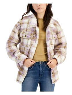 Crave Fame Juniors' Plaid Button-Front Faux-Sherpa Shacket