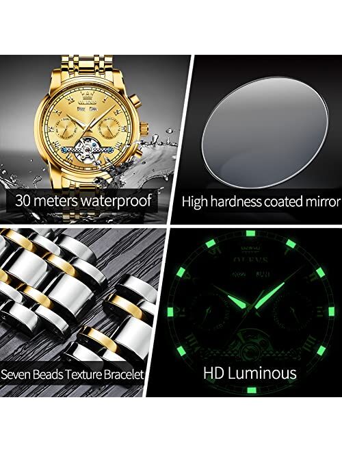 OLEVS Self Winding Watches for Men Automatic Mechanical Dress Tourbillon Stainless Steel Dual Calendar Waterproof Luminous Wrist Watch