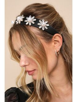 Flourishing Refinement Black Satin Floral Rhinestone Headband