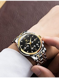 Men's Luxury Watch Waterproof Luminous Easy Read Chronograph Watches Full Gold/White Dail/Black Face with Calendar Wristwatch