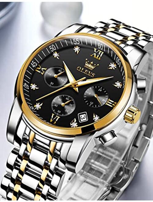 OLEVS Men's Luxury Watch Waterproof Luminous Easy Read Chronograph Watches Full Gold/White Dail/Black Face with Calendar Wristwatch