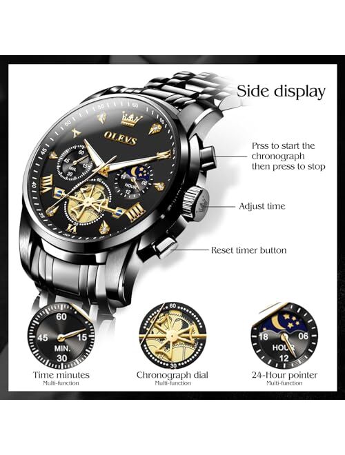 OLEVS Mens Watches Luxury Business Stainless Steel Chronograph Moon Phase Waterproof Date Analog Quartz Dress Watches for Men,Silver/Blue/Black/Gold Dial