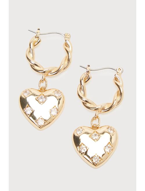 Lulus Iconic Infatuation Gold Heart Rhinestone Huggie Hoop Earrings