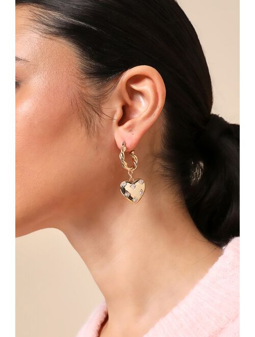 Lulus Iconic Infatuation Gold Heart Rhinestone Huggie Hoop Earrings