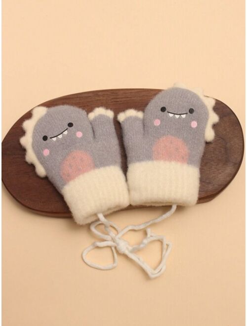 1pair Gray Plush Dinosaur Themed Baby Mittens With Mitten Clips For Winter Warmth